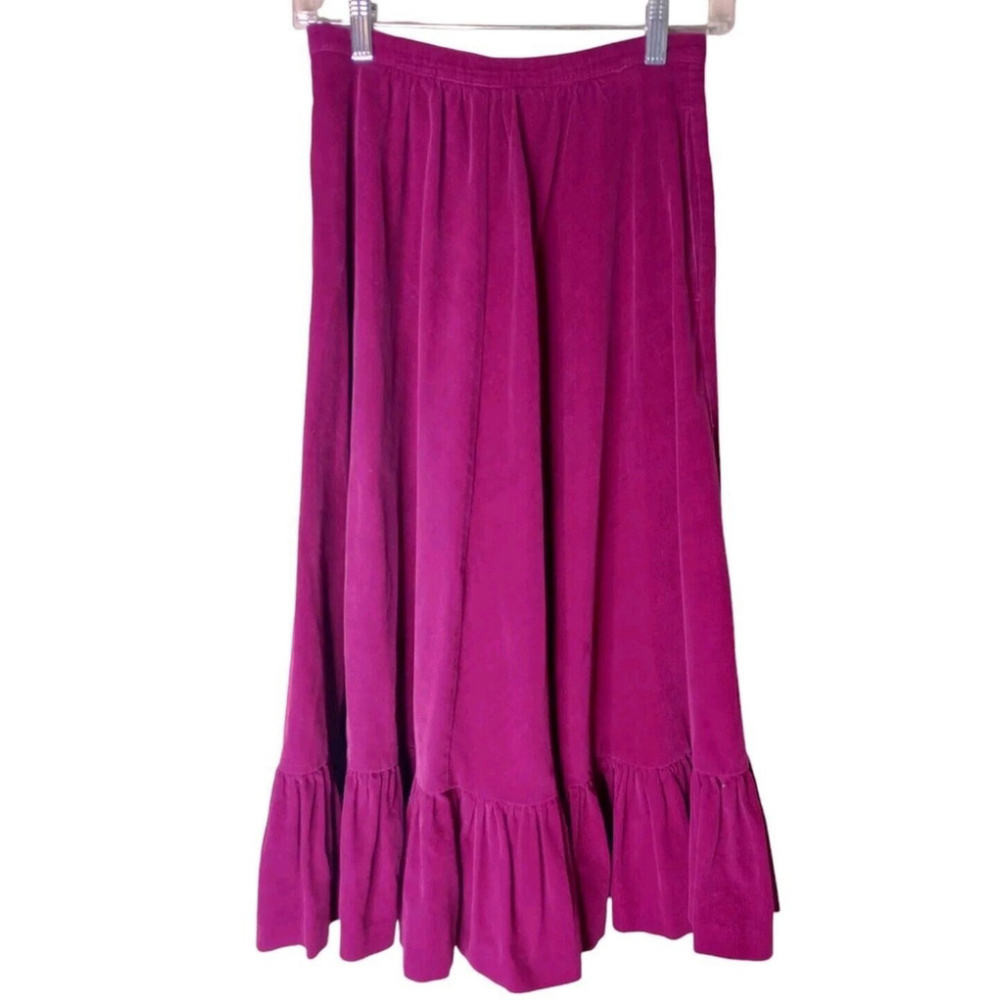 Vintage 80s Corduroy Midi Skirt Prairie Cottage Frontier Sz XS Pockets Fuschia
